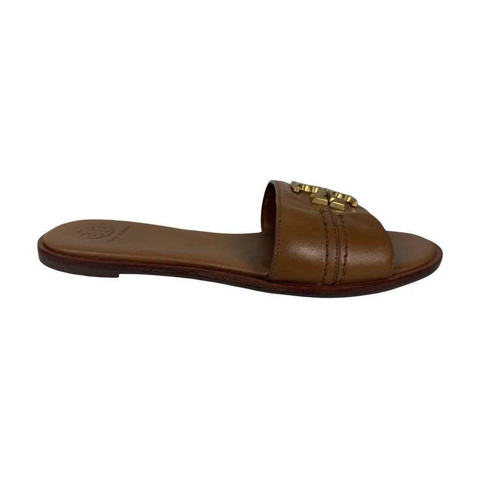 Tory Burch Everly Brown Leather Slide Sandals Gold Logo Accent Womens 8 M